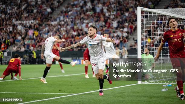Lucas Ocampos of Sevilla celebrates after scoring his team's first goal during the UEFA Europa League 2022/23 final match between Sevilla FC and AS...