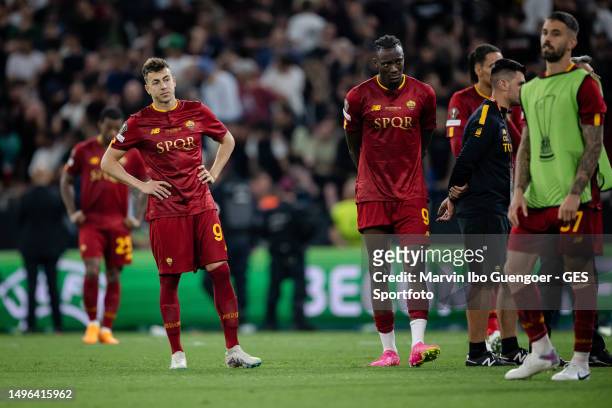 Stephan El Shaarawy and Tammy Abraham of Rome looking dejected after the UEFA Europa League 2022/23 final match between Sevilla FC and AS Roma at...