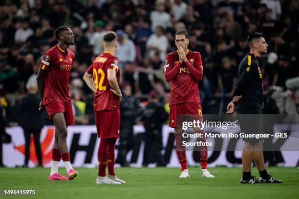 Tammy Abraham, Stephan El Shaarawy, Chris Smalling of Rome looking dejected after the UEFA Europa League 2022/23 final match between Sevilla FC and...