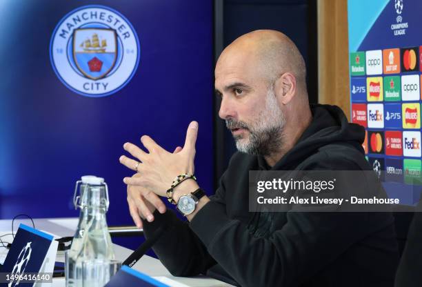 Pep Guardiola the manager of Manchester City faces the media at a press conference during their UEFA Champions League Media Day at Manchester City...