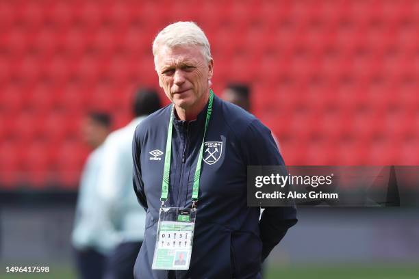 David Moyes, Manager of West Ham United, inspects the pitch prior to the UEFA Europa Conference League 2022/23 final match between ACF Fiorentina and...