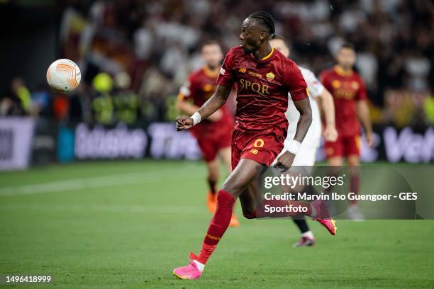 Tammy Abraham of Rome controls the ball during the UEFA Europa League 2022/23 final match between Sevilla FC and AS Roma at Puskas Arena on May 31,...