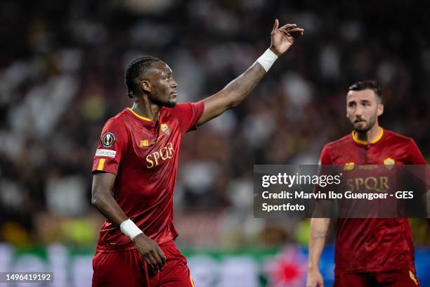 Tammy Abraham of Rome looks on during the UEFA Europa League 2022/23 final match between Sevilla FC and AS Roma at Puskas Arena on May 31, 2023 in...