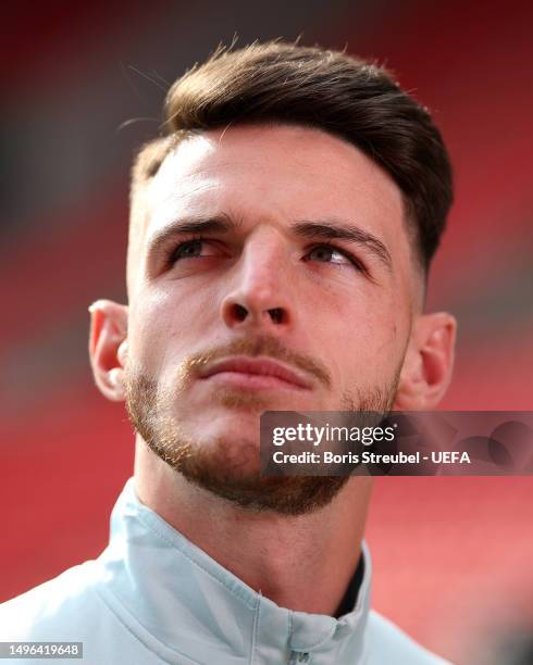 Declan Rice of West Ham United looks on during a pitch inspection prior to the UEFA Europa Conference League 2022/23 final match between ACF...