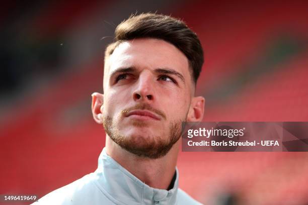 Declan Rice of West Ham United looks on during a pitch inspection prior to the UEFA Europa Conference League 2022/23 final match between ACF...