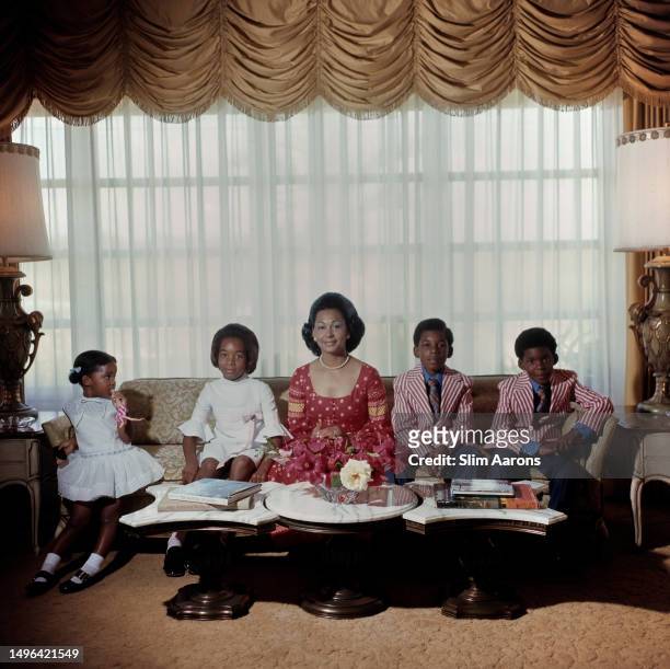 Dame Marguerite Pindling, Lady Pindling with her children Obafemi, Leslie, Monique and Michelle, Bahamas, 1971. Margurite's husband, Lynden Pindling,...