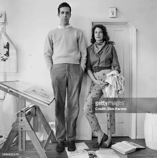 American actor and artist, Fred Gwynne with his wife, Jean Reynard at their home in Bedford, New York, 1957.