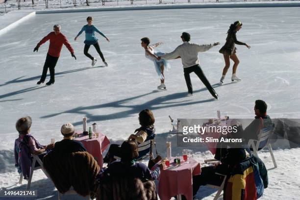 Ice skating at the Palace Hotel, St. Moritz, Switzerland, 1989.