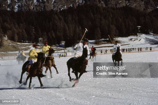 Polo players in the snow in St. Moritz, Switzerland, 1989.