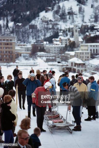 Preparing a toboggan at the top of the Cresta Run in St Moritz, Switzerland, 1963.