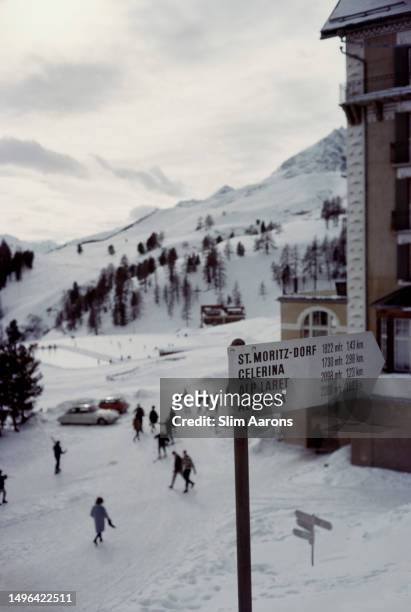 Signpost indicating local areas in the resort of St Moritz, Switzerland, 1963.