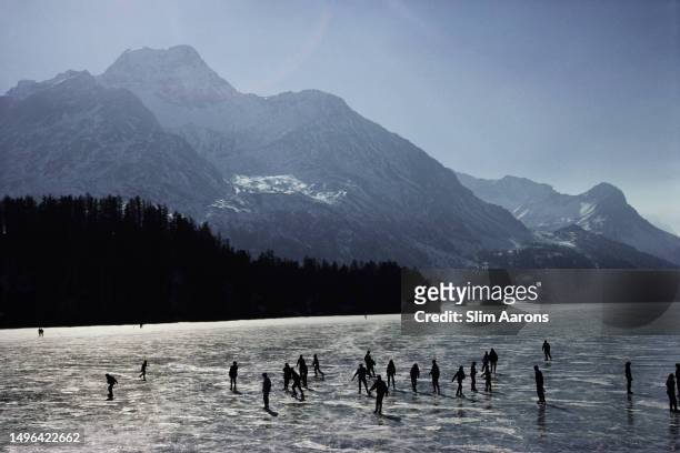 Ice skating on a natural ice rink in St. Moritz, Switzerland, 1989.