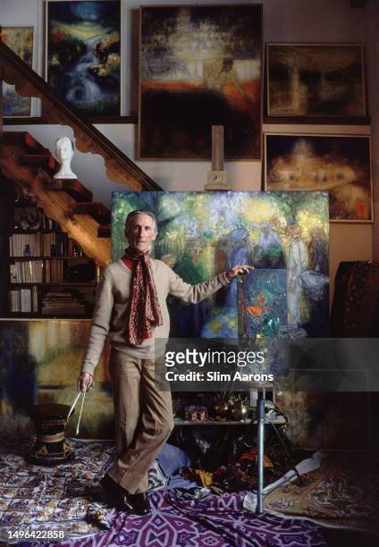 French painter Gaëtan de Rosnay showing his work in Klosters, Switzerland, 1981.
