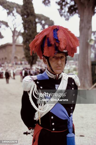 Man wearing a uniform at a horse show held at the Piazza di Siena in Rome, Italy, June 1973.
