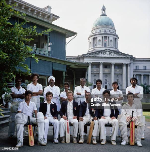 Singapore Cricket Association team members outside the Cricket Club on the Padang, Singapore, 1982.