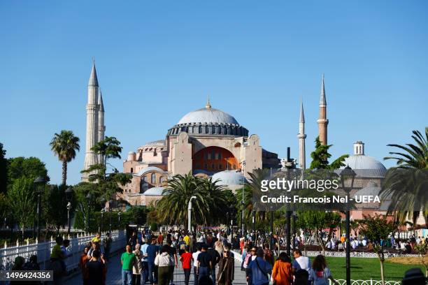 Hagia Sophia masque is seen ahead of the UEFA Champions League 2022/23 final on June 06, 2023 in Istanbul, Turkey.