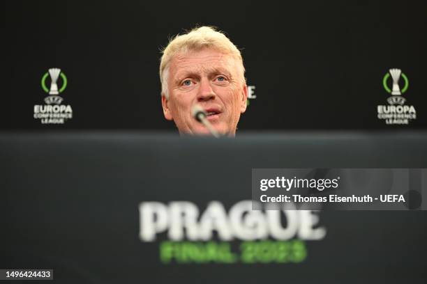 David Moyes, Manager of West Ham United, talks to the media during a Press Conference prior to the UEFA Europa Conference League 2022/23 final match...