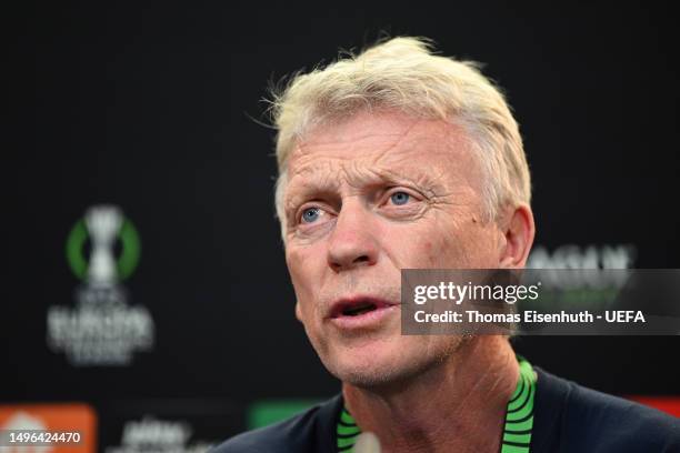 David Moyes, Manager of West Ham United, talks to the media during a Press Conference prior to the UEFA Europa Conference League 2022/23 final match...