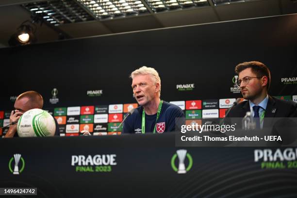 David Moyes, Manager of West Ham United, talks to the media during a Press Conference prior to the UEFA Europa Conference League 2022/23 final match...