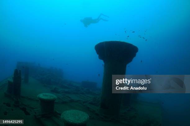 View from the shipwreck of French Navy's Society at the bottom of sea in Antalya, Turkiye on June 16, 2023. The shipwreck is filmed by underwater...