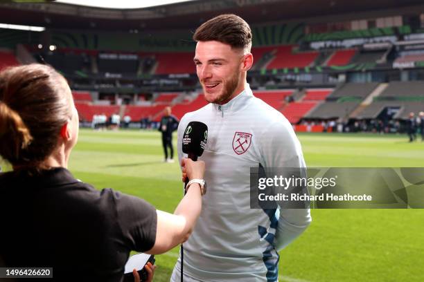 Declan Rice of West Ham United is interviewed prior to the UEFA Europa Conference League 2022/23 final match between ACF Fiorentina and West Ham...