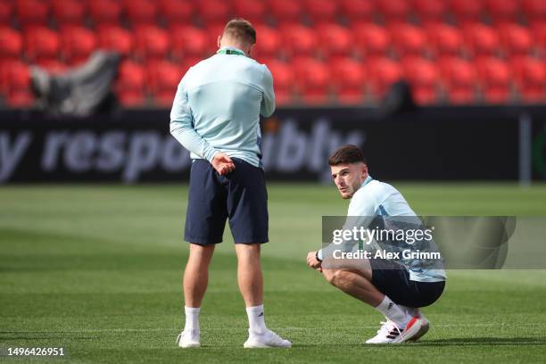 Declan Rice of West Ham United inspects the pitch prior to the UEFA Europa Conference League 2022/23 final match between ACF Fiorentina and West Ham...
