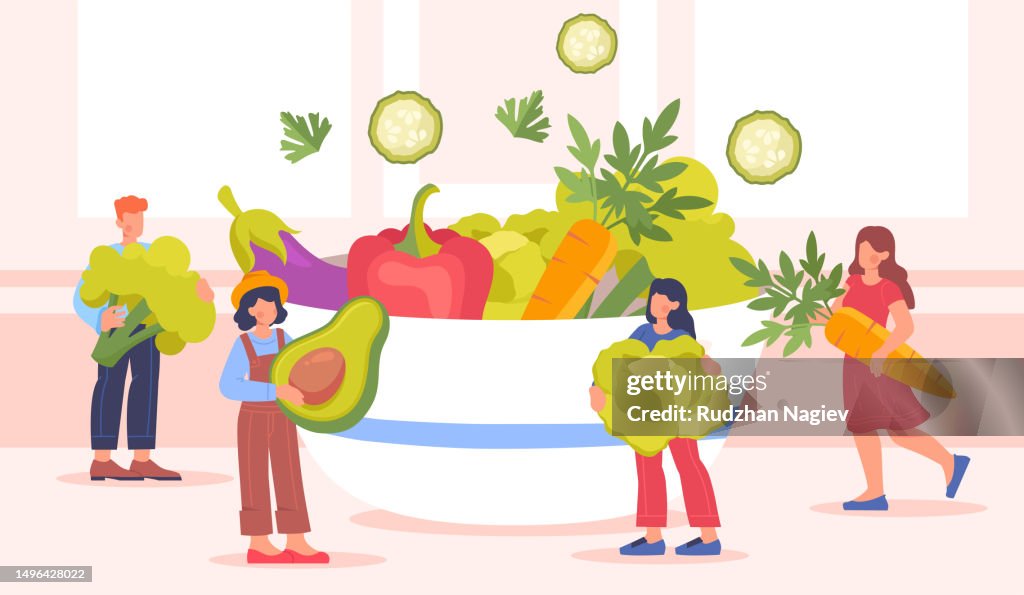 People near plate with vegetables concept