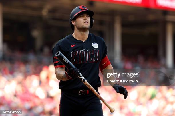 Nick Senzel of the Cincinnati Reds walks back to the dugout during the game against the Milwaukee Brewers at Great American Ball Park on June 2, 2023...