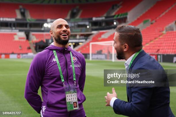 Sofyan Amrabat of ACF Fiorentina reacts as they inspect the pitch ahead of the UEFA Europa Conference League 2022/23 final match between ACF...