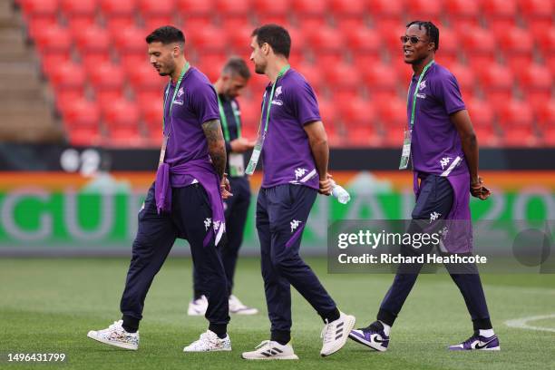 Cristian Kouame of ACF Fiorentina inspects the pitch ahead of the UEFA Europa Conference League 2022/23 final match between ACF Fiorentina and West...
