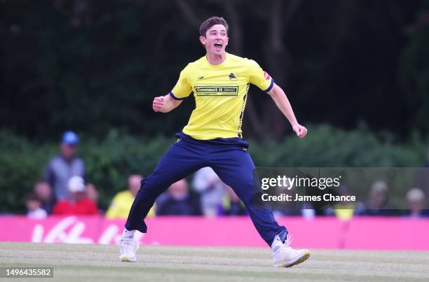 John Turner of Hampshire Hawks celebrates dismissing Joe Cracknell of Middlesex for lbw during the Vitality Blast T20 match between Middlesex and...