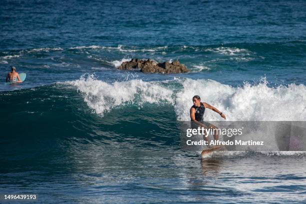 Surfer enjoys the waves at La Fortuna beach located in the Eastern Cape on June 03, 2023 in Los Cabos, Mexico. Big-wave conditions in Baja California...