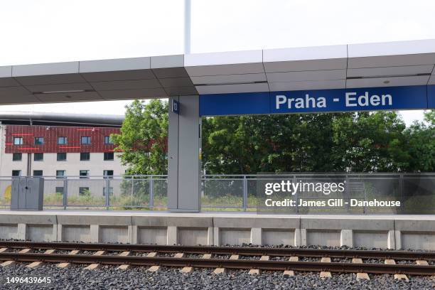 General view of Praha-Eden railway station and Fortuna Arena is seen prior to the UEFA Europa Conference League 2022/23 final match between ACF...
