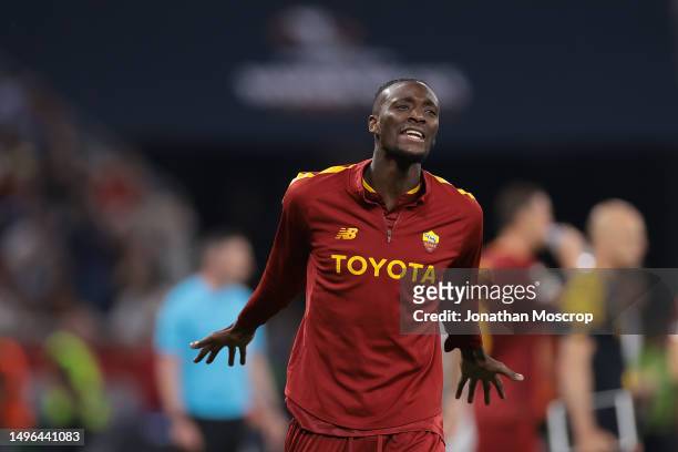 Tammy Abraham of AS Roma encourages fans to get behind the team prior to the start of extra time in the UEFA Europa League 2022/23 final match...