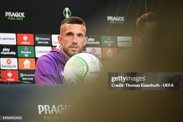 Cristiano Biraghi of ACF Fiorentina talks to the media during a Press Conference prior to the UEFA Europa Conference League 2022/23 final match...