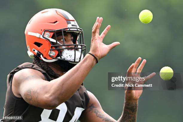 Jordan Akins of the Cleveland Browns runs a drill during the Cleveland Browns mandatory veteran minicamp at CrossCountry Mortgage Campus on June 6,...