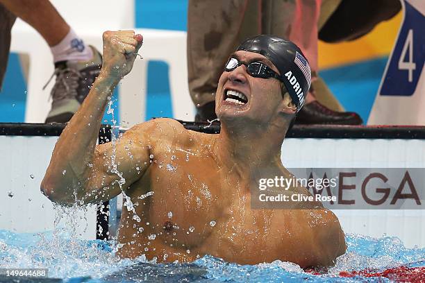 Nathan Adrian of the United States celebrates after he won the Final of the Men's 100m Freestyle on Day 5 of the London 2012 Olympic Games at the...