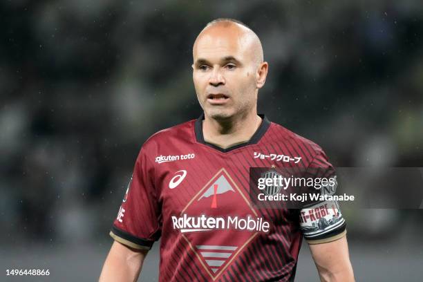 Andres Iniesta of Vissel Kobe looks on during the pre-season friendly match between Vissel Kobe and Barcelona at National Stadium on June 06, 2023 in...