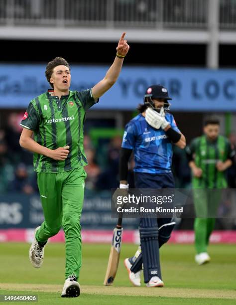Josh Hull of Leicestershire celebrates the wicket of Matthew Revis of Yorkshire during the Leicestershire Foxes and Yorkshire Vikings Vitality Blast...