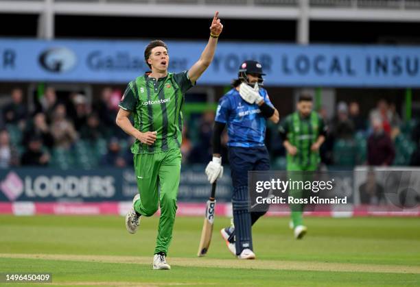 Josh Hull of Leicestershire celebrates the wicket of Matthew Revis of Yorkshire during the Leicestershire Foxes and Yorkshire Vikings Vitality Blast...