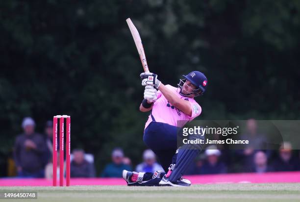 Max Holden of Middlesex bats during the Vitality Blast T20 match between Middlesex and Hampshire Hawks at Radlett Cricket Club on June 06, 2023 in...