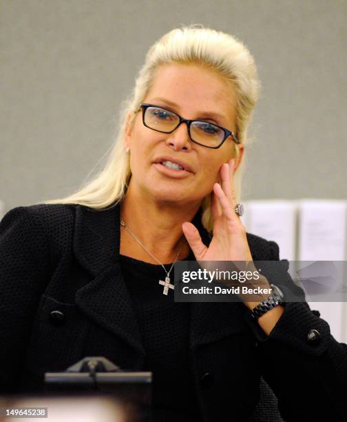 Kathleen McCrone Newton testifies on the witness stand during a court hearing at the Clark County Regional Justice Center on August 1, 2012 in Las...