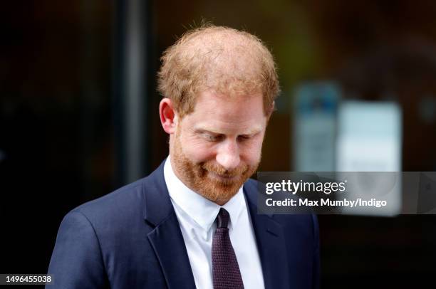 Prince Harry, Duke of Sussex departs the Rolls Building of the High Court after giving evidence during the Mirror Group phone hacking trial on June...