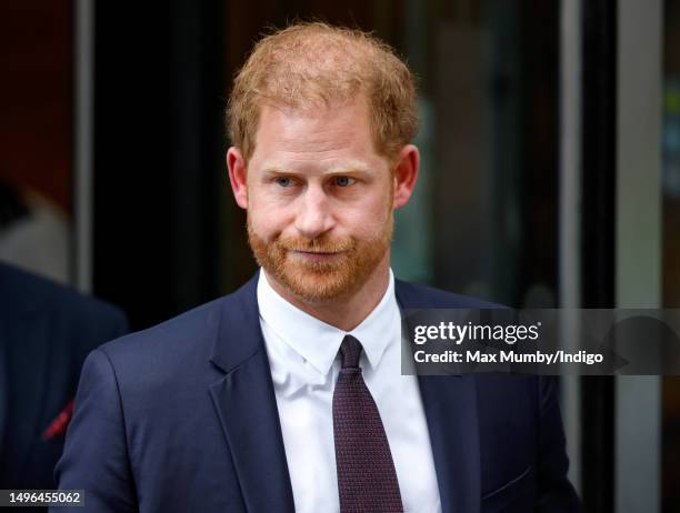 Prince Harry, Duke of Sussex departs the Rolls Building of the High Court after giving evidence during the Mirror Group phone hacking trial on June...