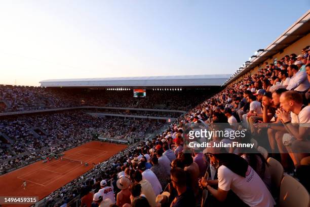 General view of Court Philippe-Chatrier is seen during the Men's Singles Quarter Final Match between Carlos Alcaraz of Spain and Stefanos Tsitsipas...