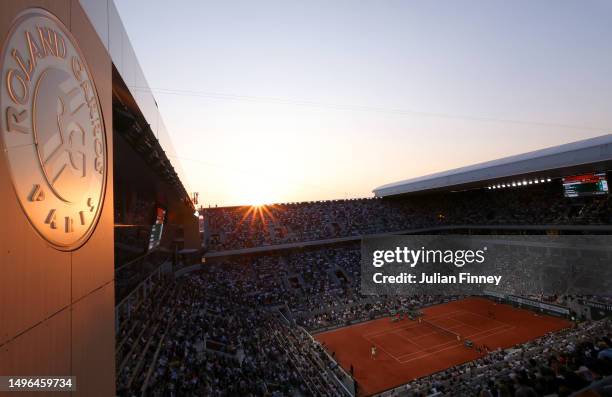 General view of Court Philippe-Chatrier is seen during the Men's Singles Quarter Final Match between Carlos Alcaraz of Spain and Stefanos Tsitsipas...