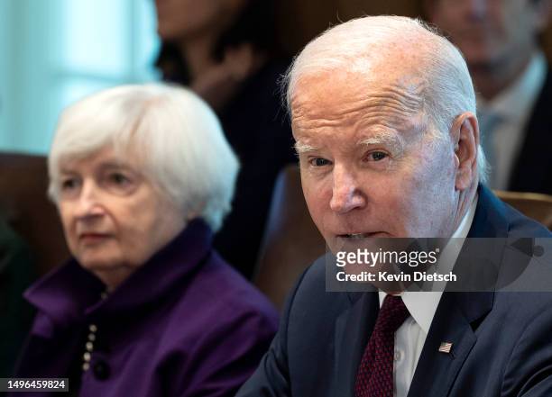 President Joe Biden delivers remarks alongside Treasury Secretary Janet Yellen during a Cabinet Meeting at the White House on June 06, 2023 in...