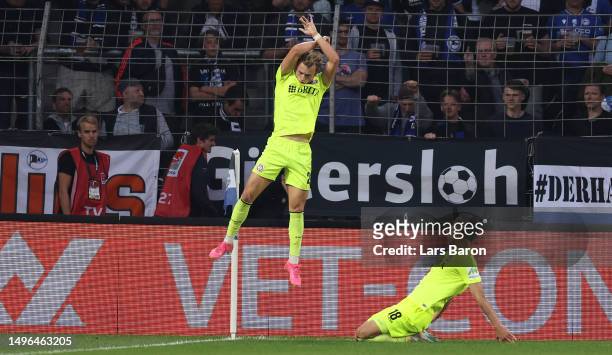 Benedict Hollerbach of Wiesbaden celebrates after scoring his teams first goal during the Second Bundesliga playoffs second leg match between DSC...