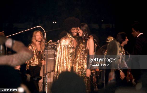 American musician Sly Stone and model-actress Kathy Silva smile during their wedding at Madison Square Garden in New York, New York, June 5, 1974....
