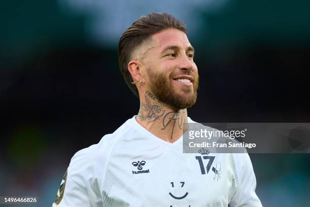 Sergio Ramos smiles during Joaquin Sanchez Tribute Match at Estadio Benito Villamarin on June 06, 2023 in Seville, Spain. Oaquin Sanchez played 14...